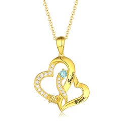 Personalized Double Heart Necklace with 2 Names & Birthstones