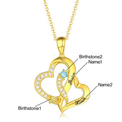 Personalized Double Heart Necklace with 2 Names & Birthstones