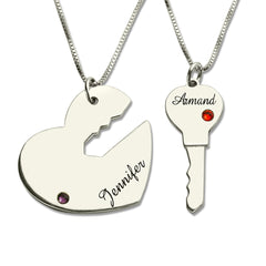Key to My Heart Couple Name Pendant Necklaces with Birthstones
