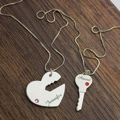 Key to My Heart Couple Name Pendant Necklaces with Birthstones