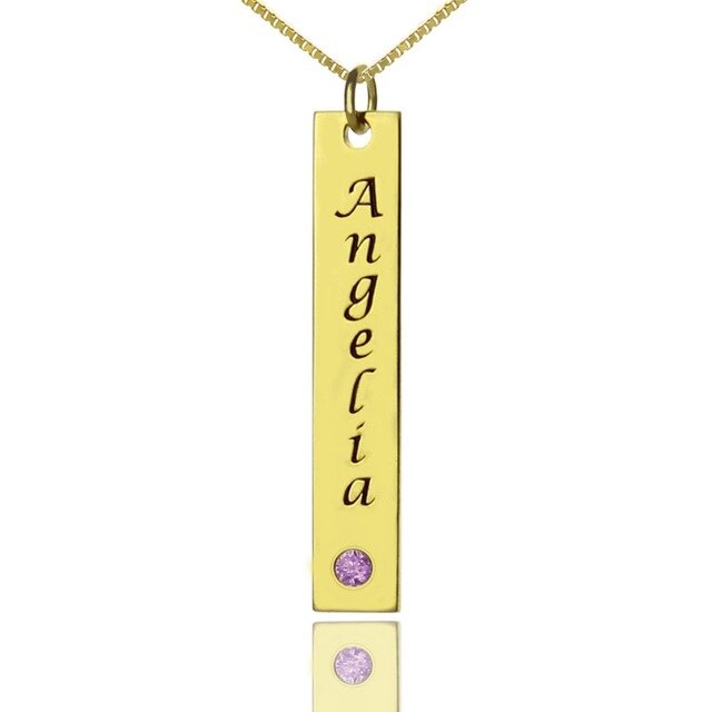 Vertical Bar Necklace Name Tag with Birthstone